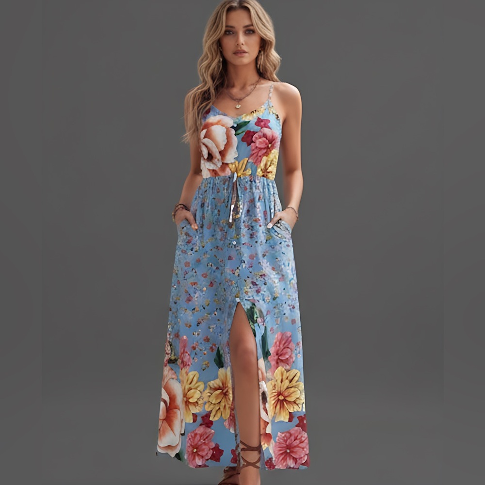 Blue Floral Print Split Thigh Cami Dress